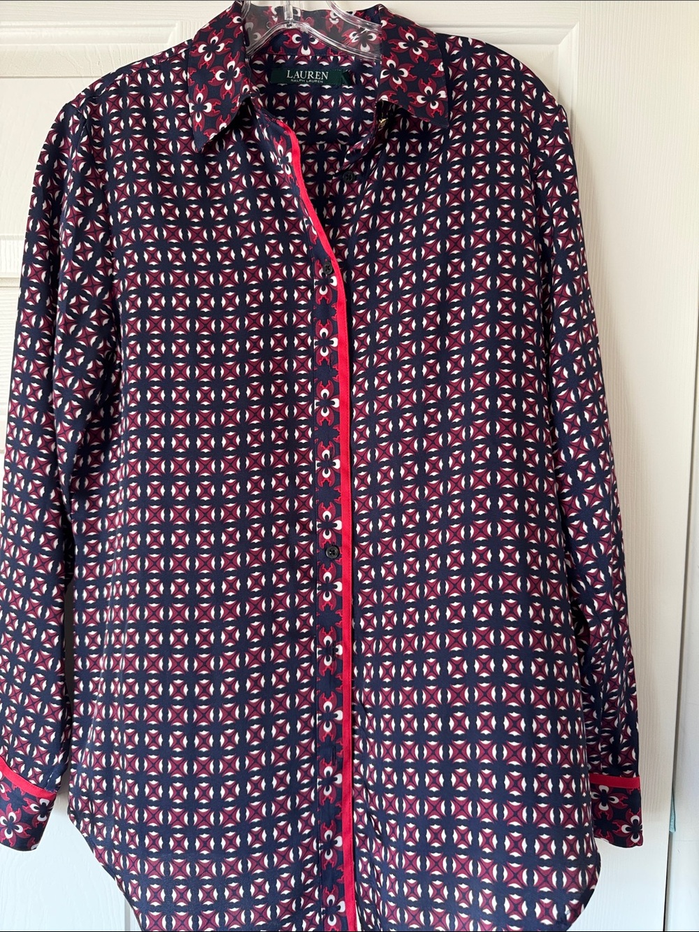 Lauren Ralph Lauren Navy Geometric Button-Down with Red Trim